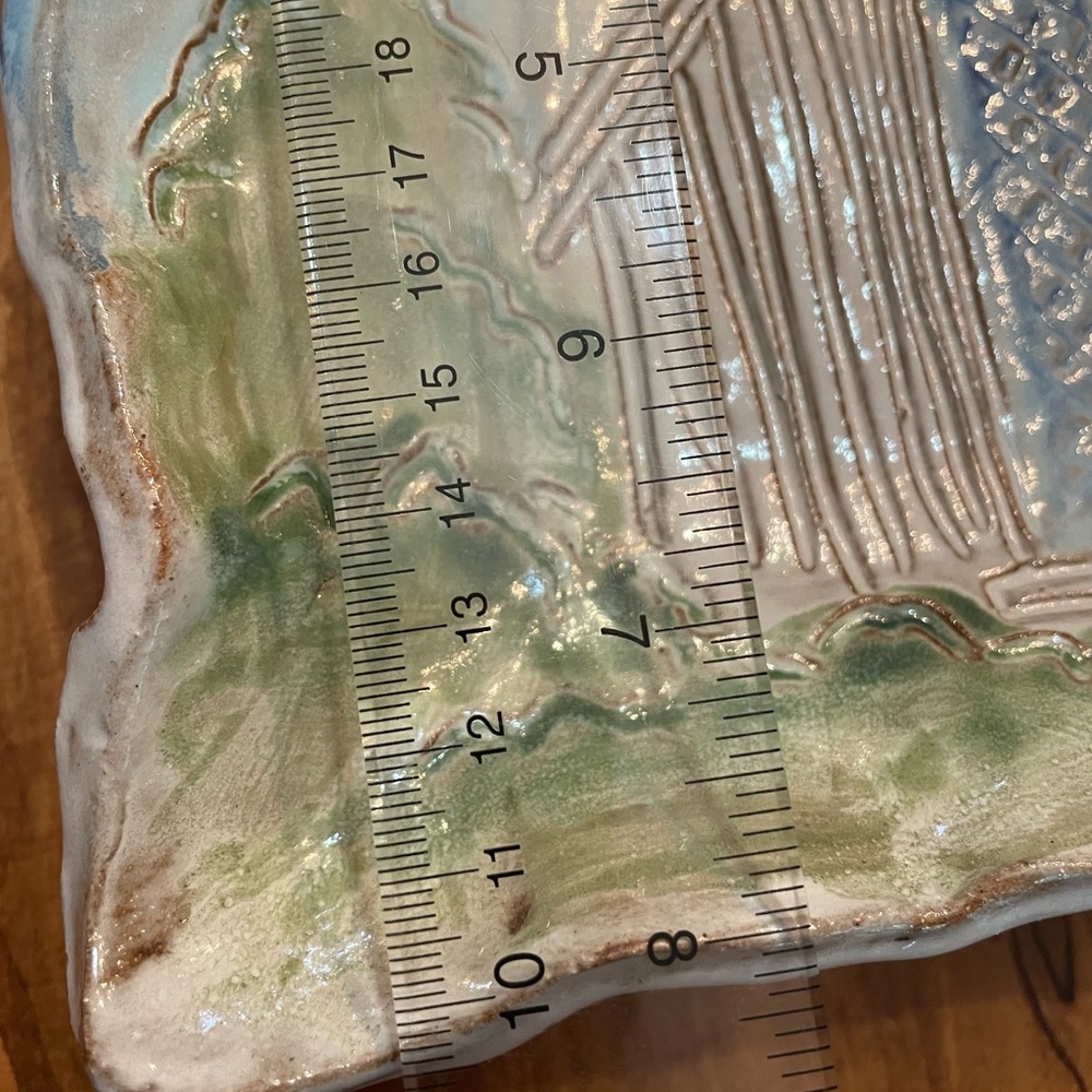 Handcrafted Dixie Pottery Ceramic Church Art with Blue and Green Accents - Picture 3 of 4